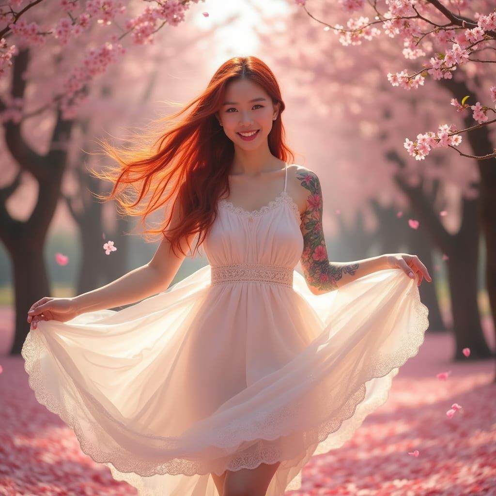 Crimson Haired Woman Twirling in Cherry Blossom Forest