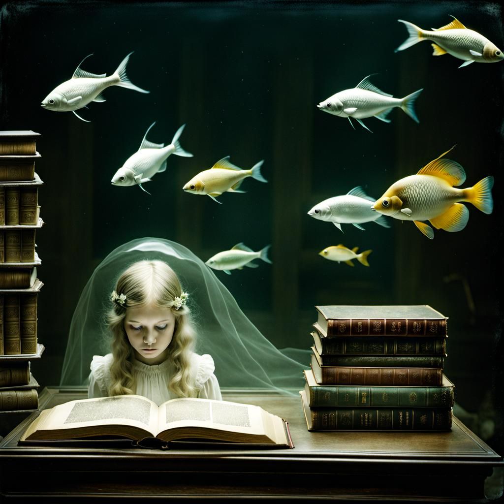 Ethereal Biopunk Library Invaded by Spectral Fish