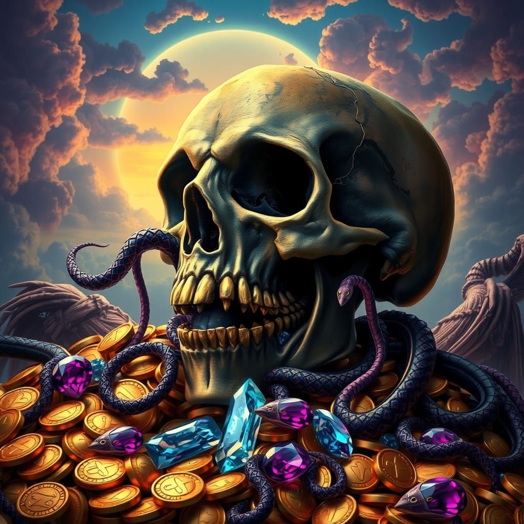 Macabre Skull on Treasure Hoard in Baroque Style