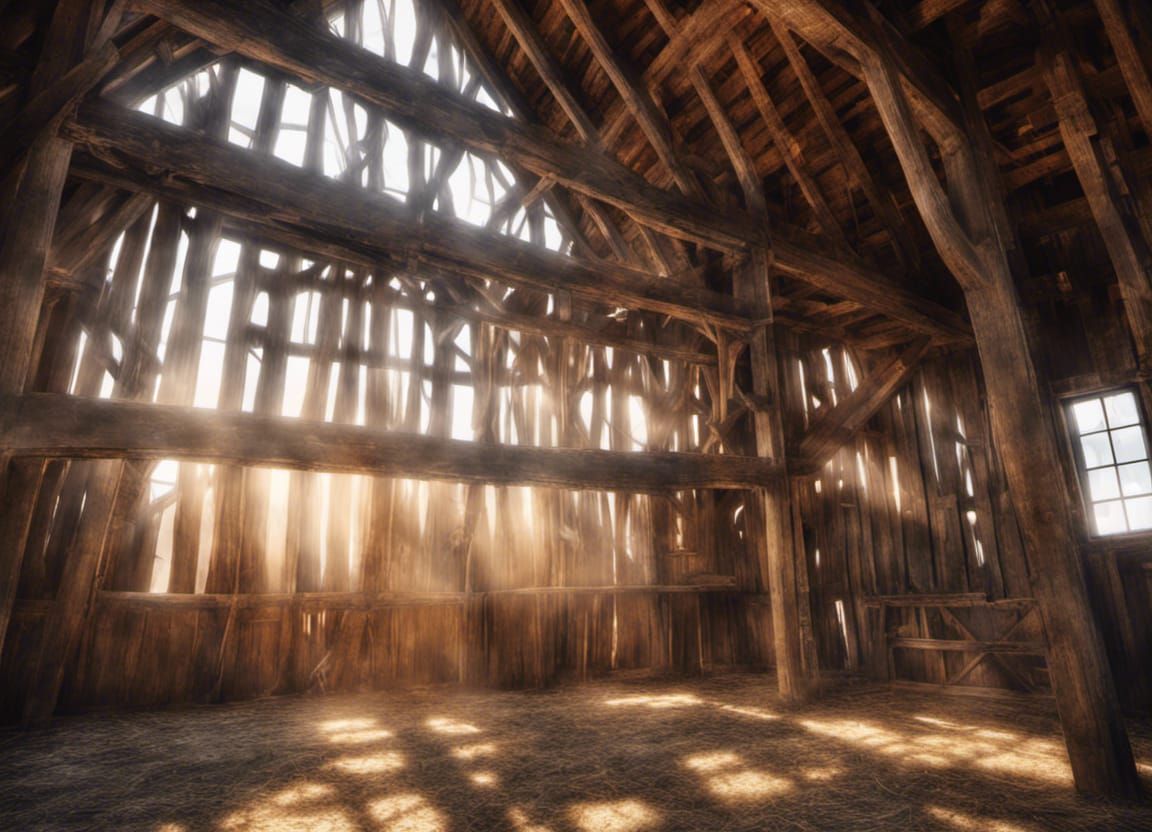 Sunbeams in a Timber Frame Barn Interior