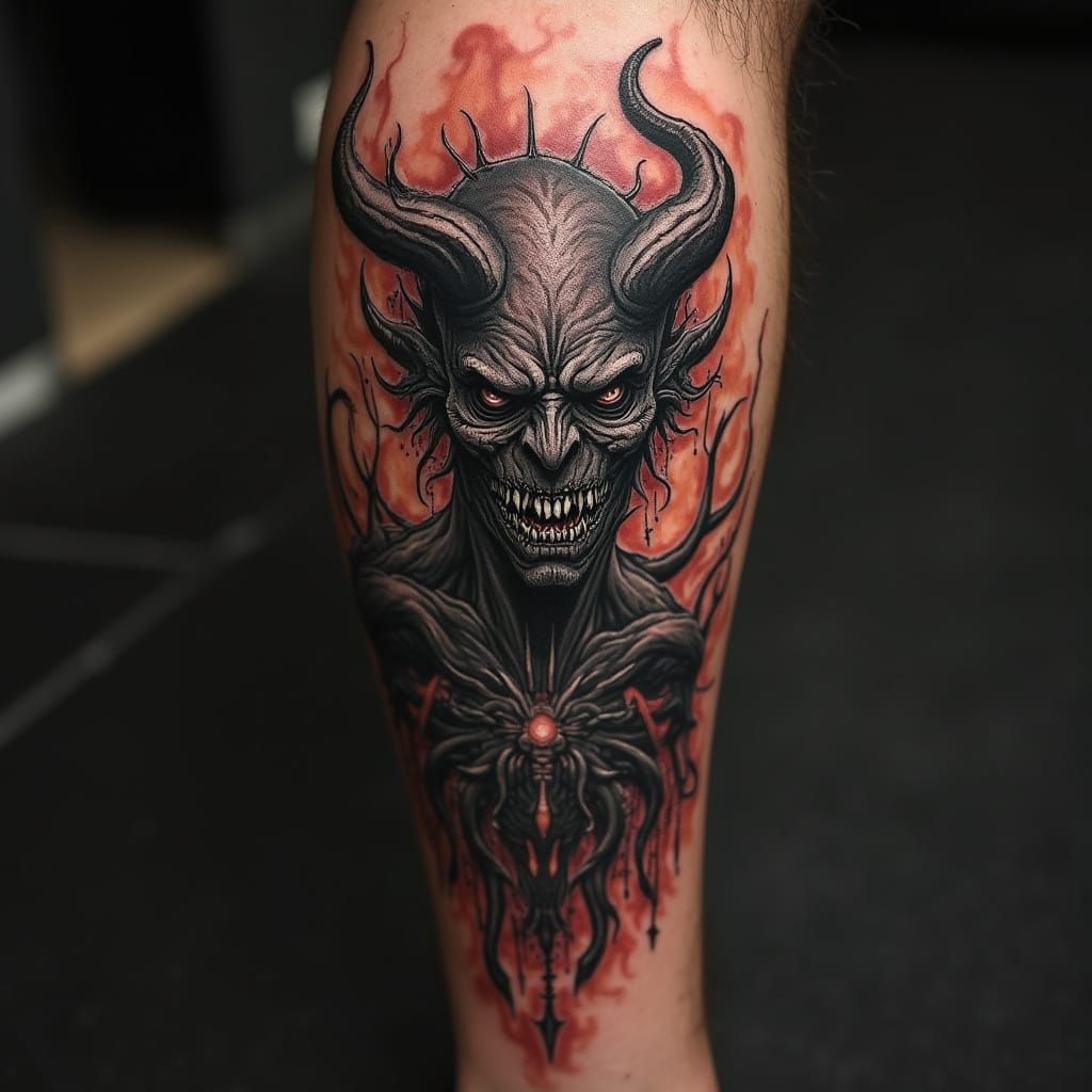 Demonic Entity Tattoo in Gothic Horror Style