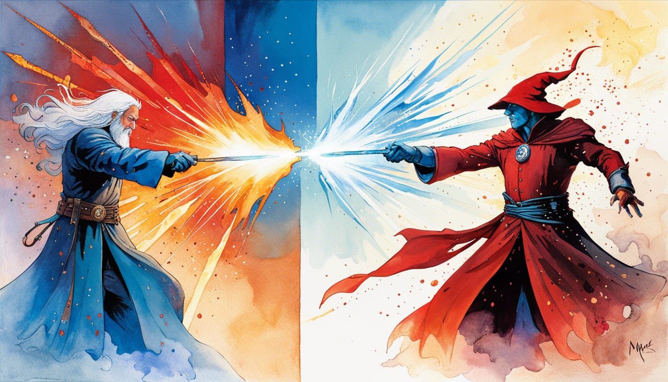 Fire vs Ice Wizard Battle in Watercolor Style
