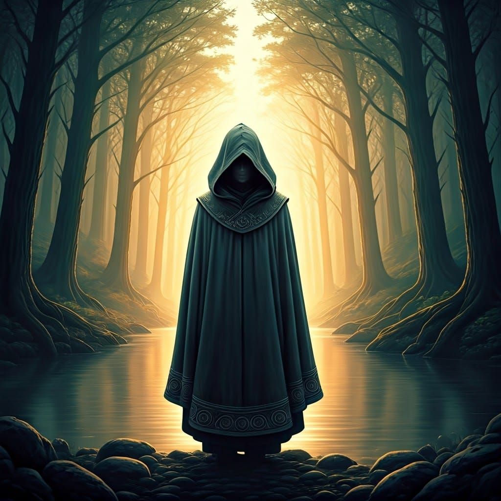 Mystical Figure by Dreamlike Lake at Sunset