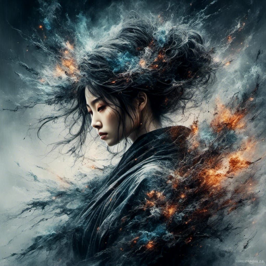 Ghost Female Samurai with Smoke and Fragmentation Effects