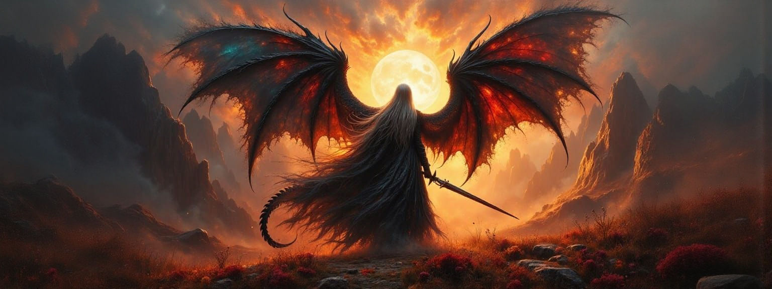 Ghostly Viking Warrior with Dragon Wings as Impasto Painting