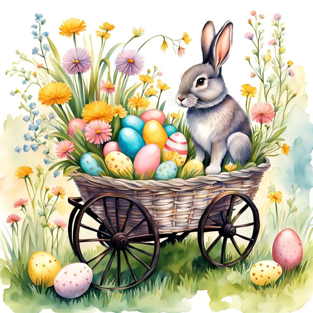 Whimsical Easter Bunny in Vintage Bonnet Blows on Dandelion