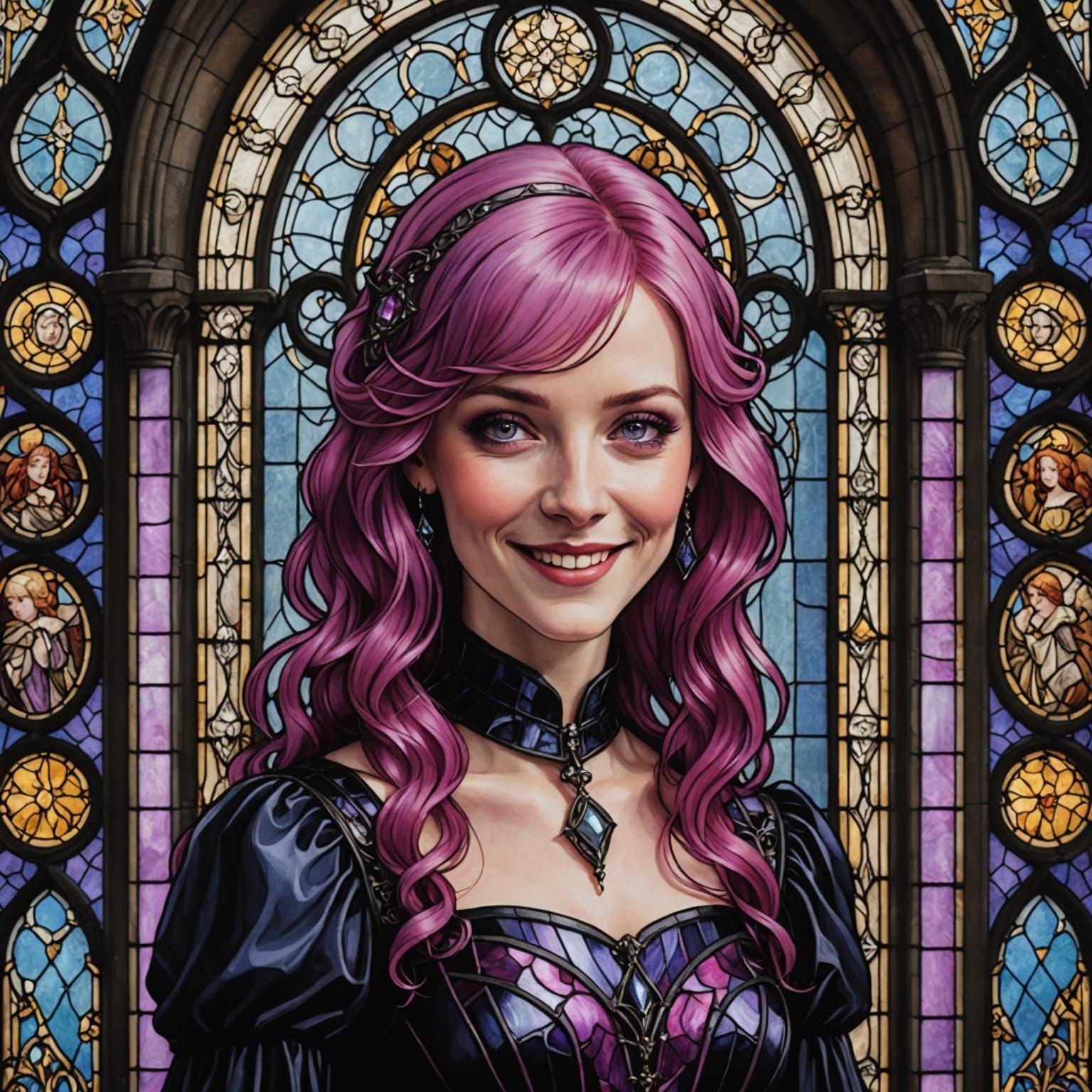 Gothic Stained Glass Portrait of Pink-Haired Woman