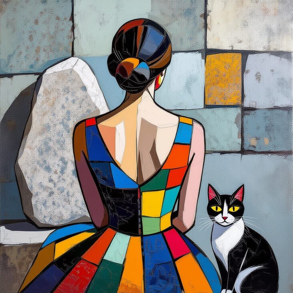 Woman in Patchwork Dress: Impasto Stone Aesthetic