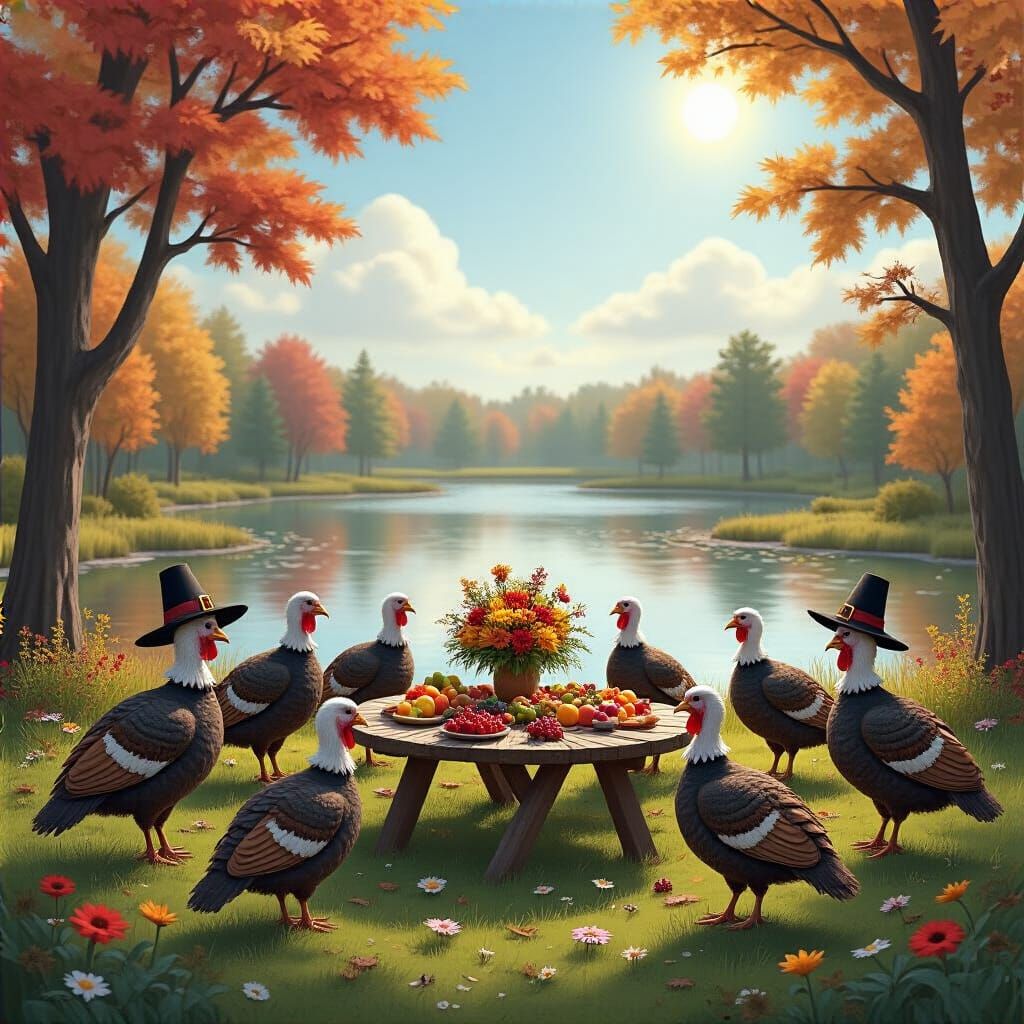 Autumn Picnic Scene with Turkeys in Pilgrim Outfits