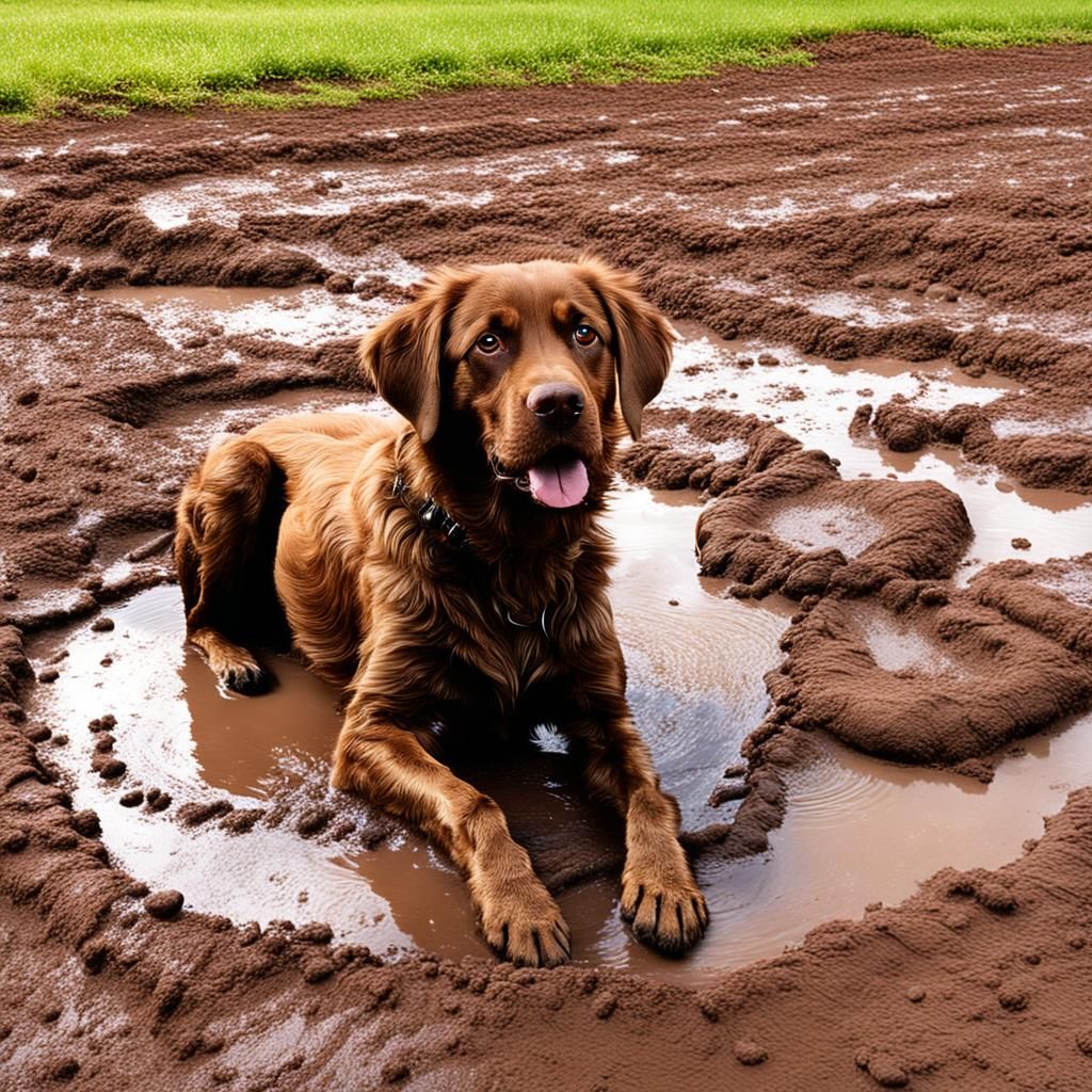 Brown Dog in Mud Puddle by Brown House
