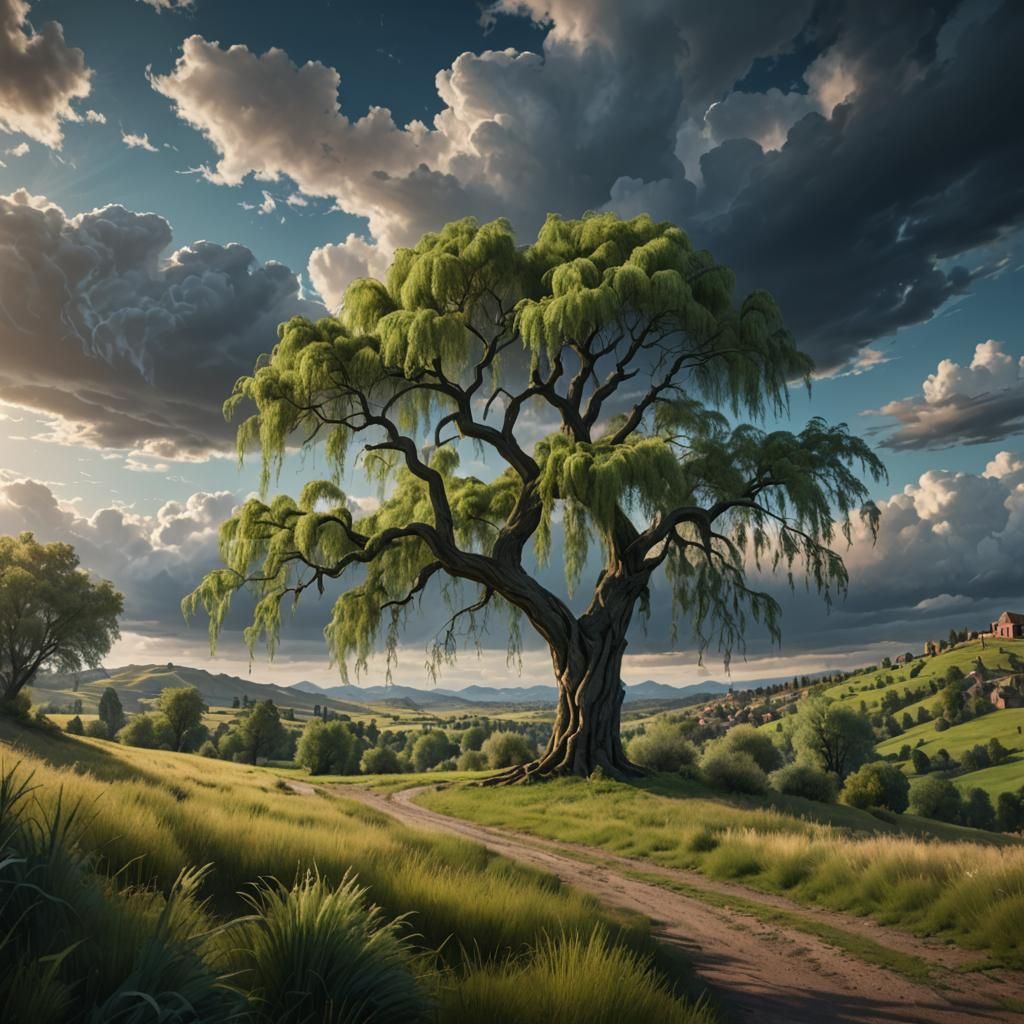 Rolling Hills with Weeping Willow: Fantasy Concept Art