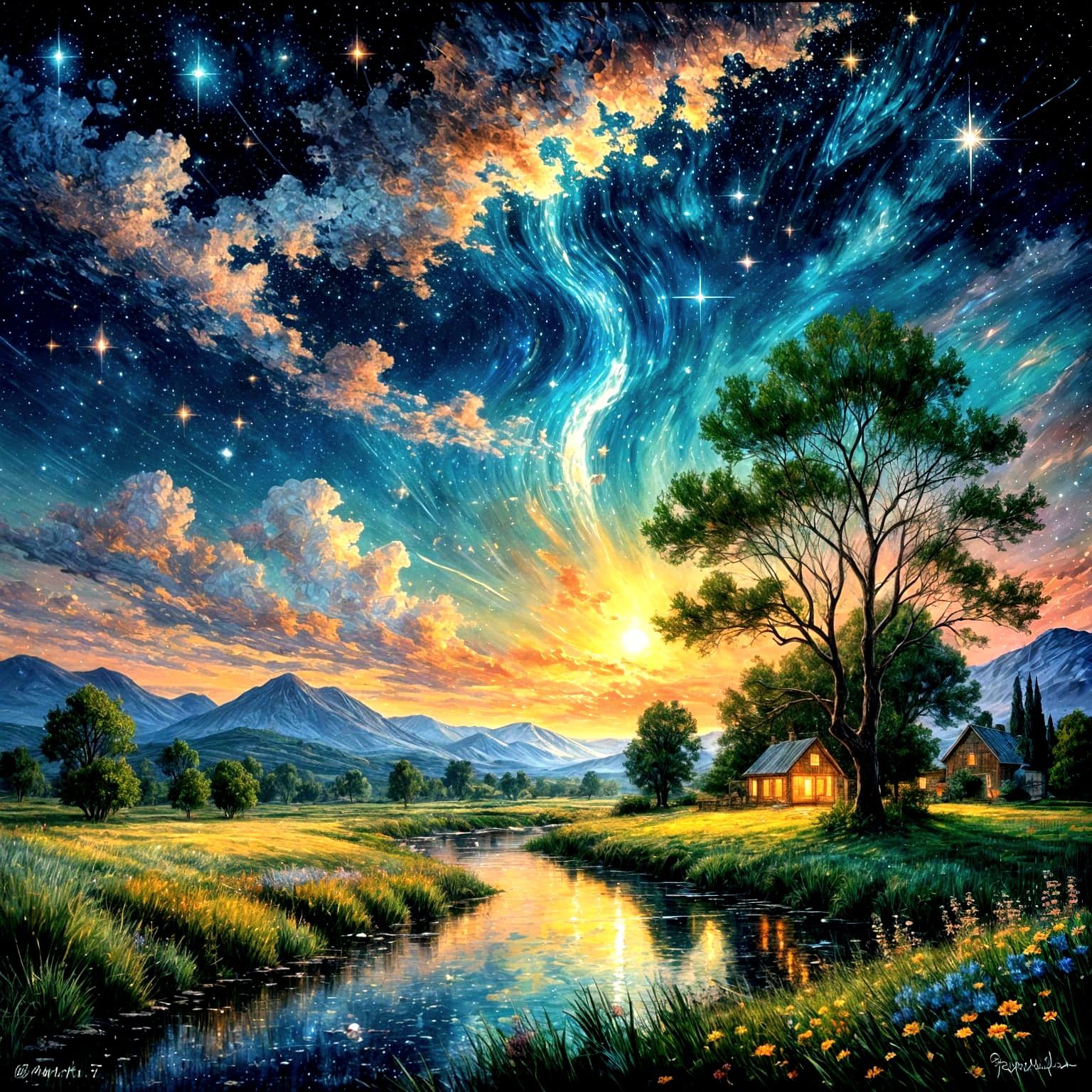 Impressionistic Starry Sky Over Dream Landscape