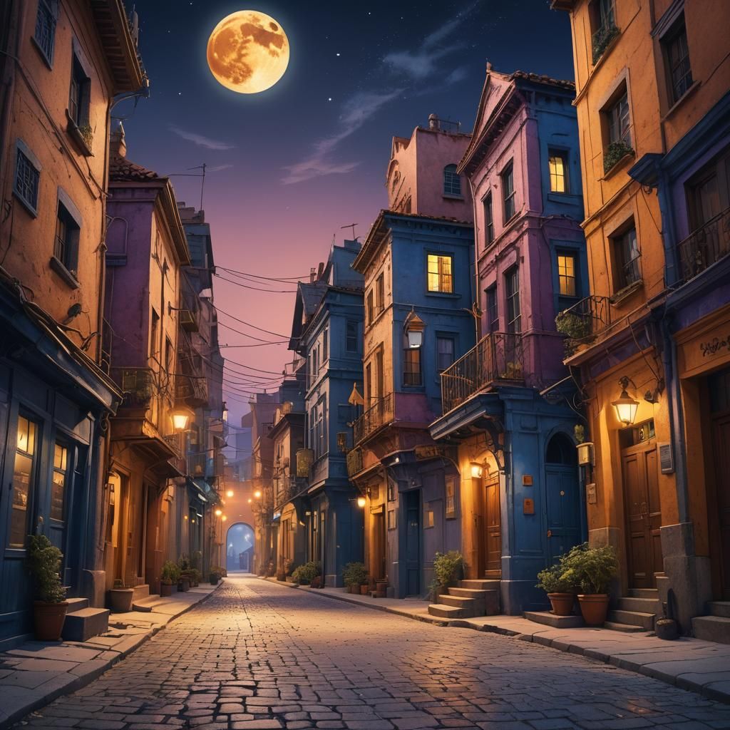 Ethereal Nighttime Street Scene with Modern Buildings and Fu...