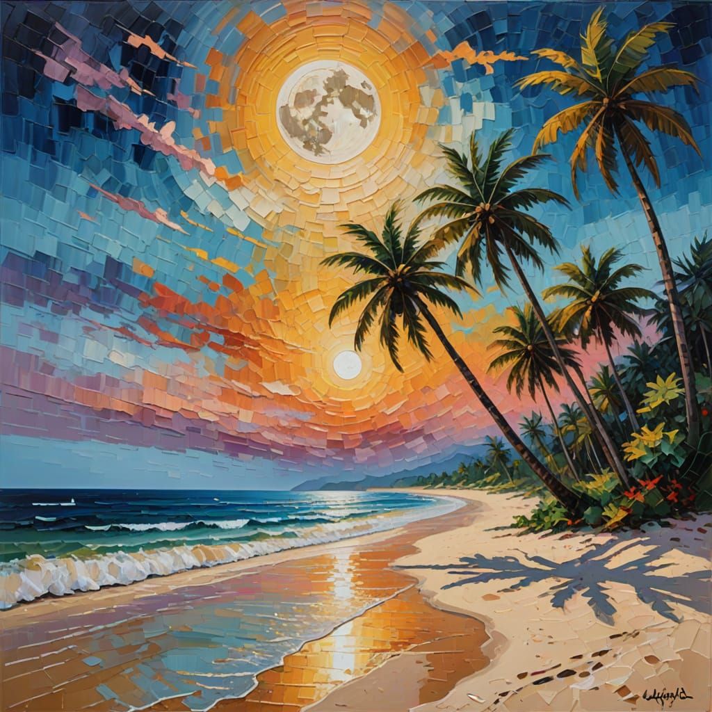 Beach with Full Moon in Expressionist Impasto Style