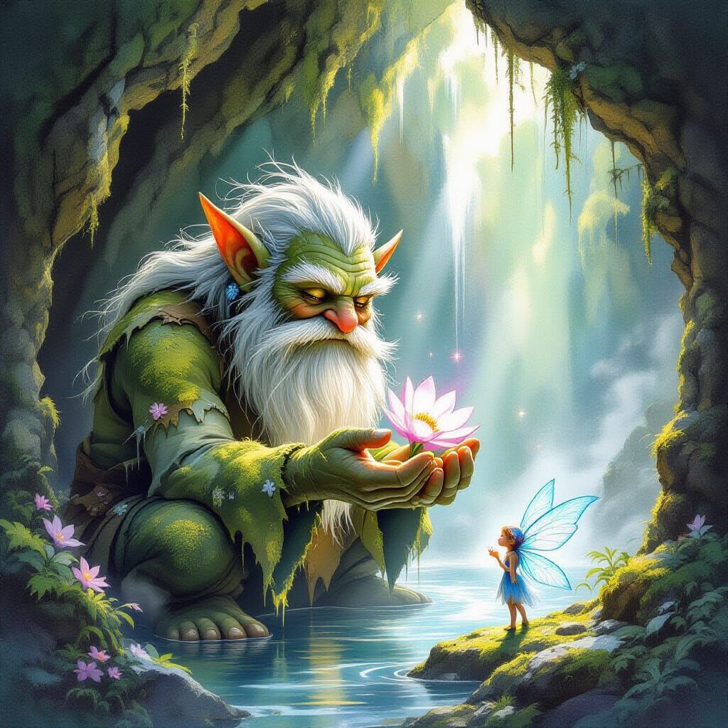 Moss Troll Offers Moonpetal Flower to Sprite in Grotto