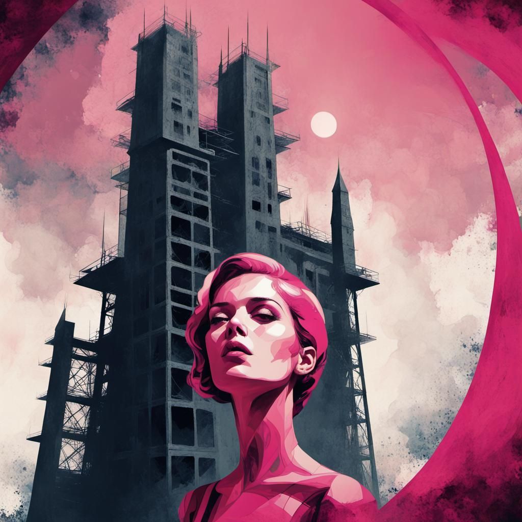 Retrofuturistic Woman and Tower in Constructivist Style