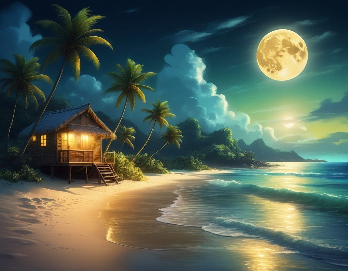 Tropical Beach Under a Glowing Moon: Digital Painting