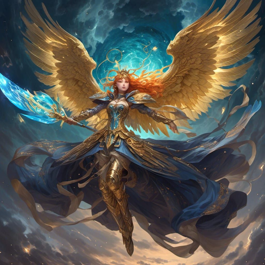 Golden Valkyrie in Stormy Cosmic Sky