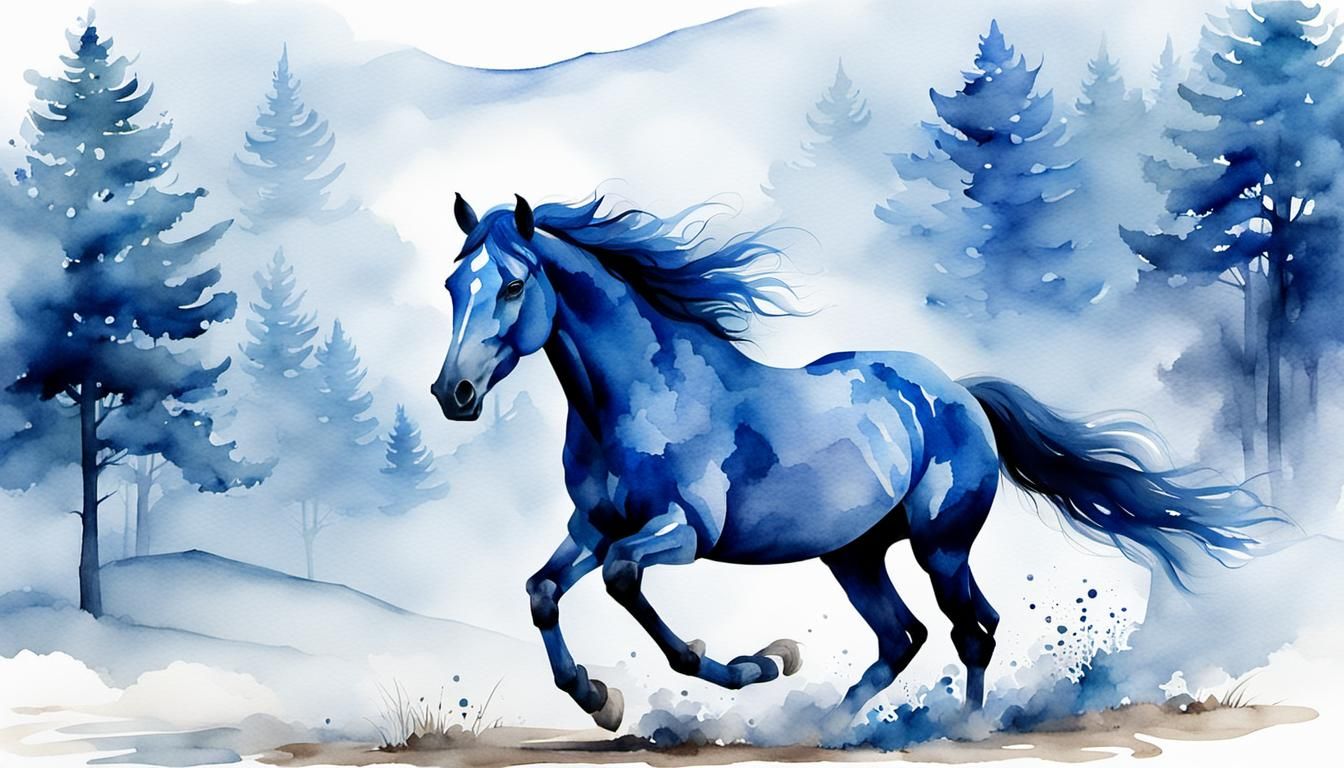 Galloping Blue Stallion in Misty Watercolor