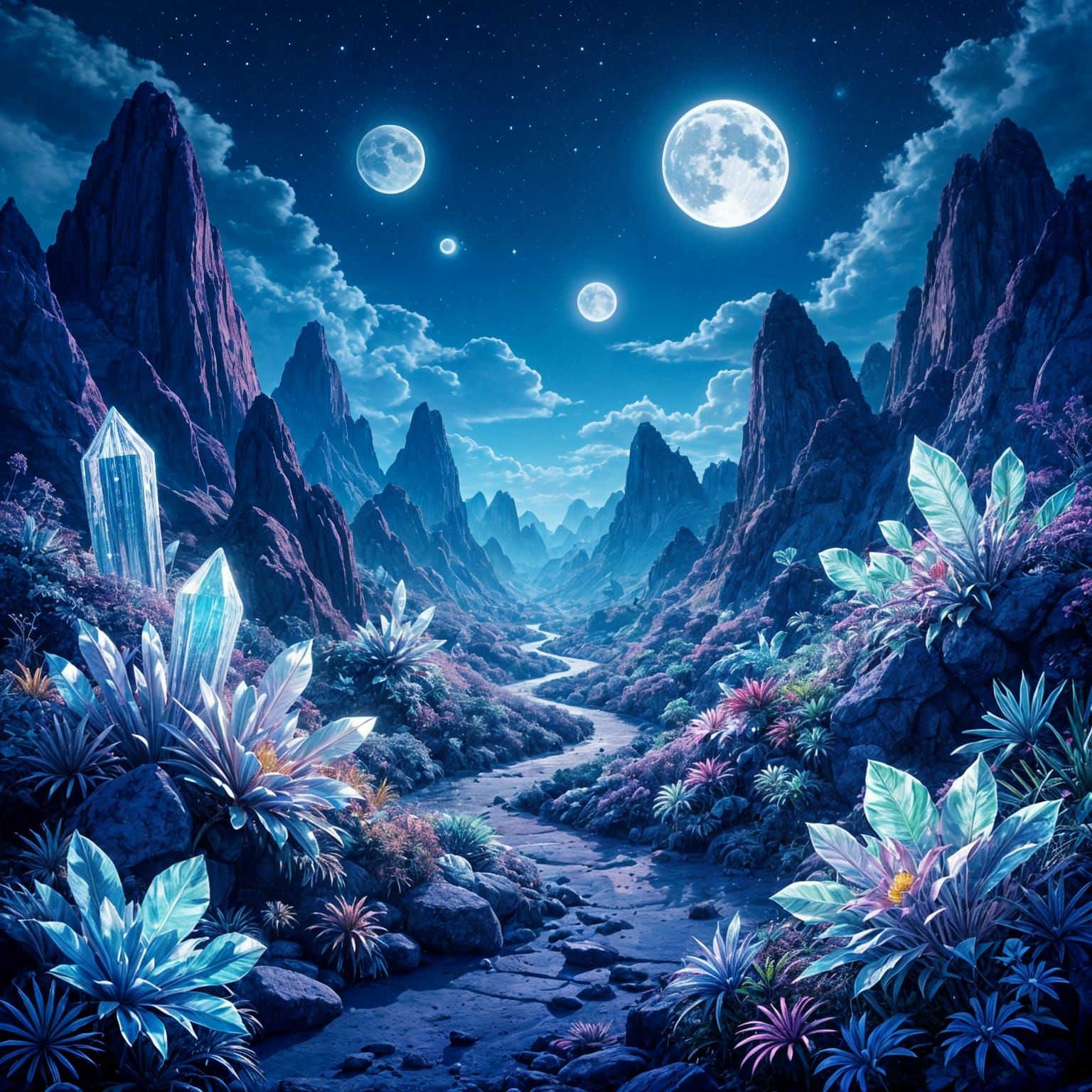 Alien Jungle of Crystalline Life Under Indigo Sky