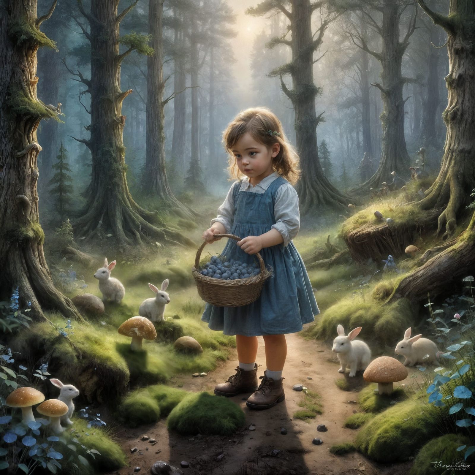 Girl Collects Blueberries in Enchanted Pine Forest