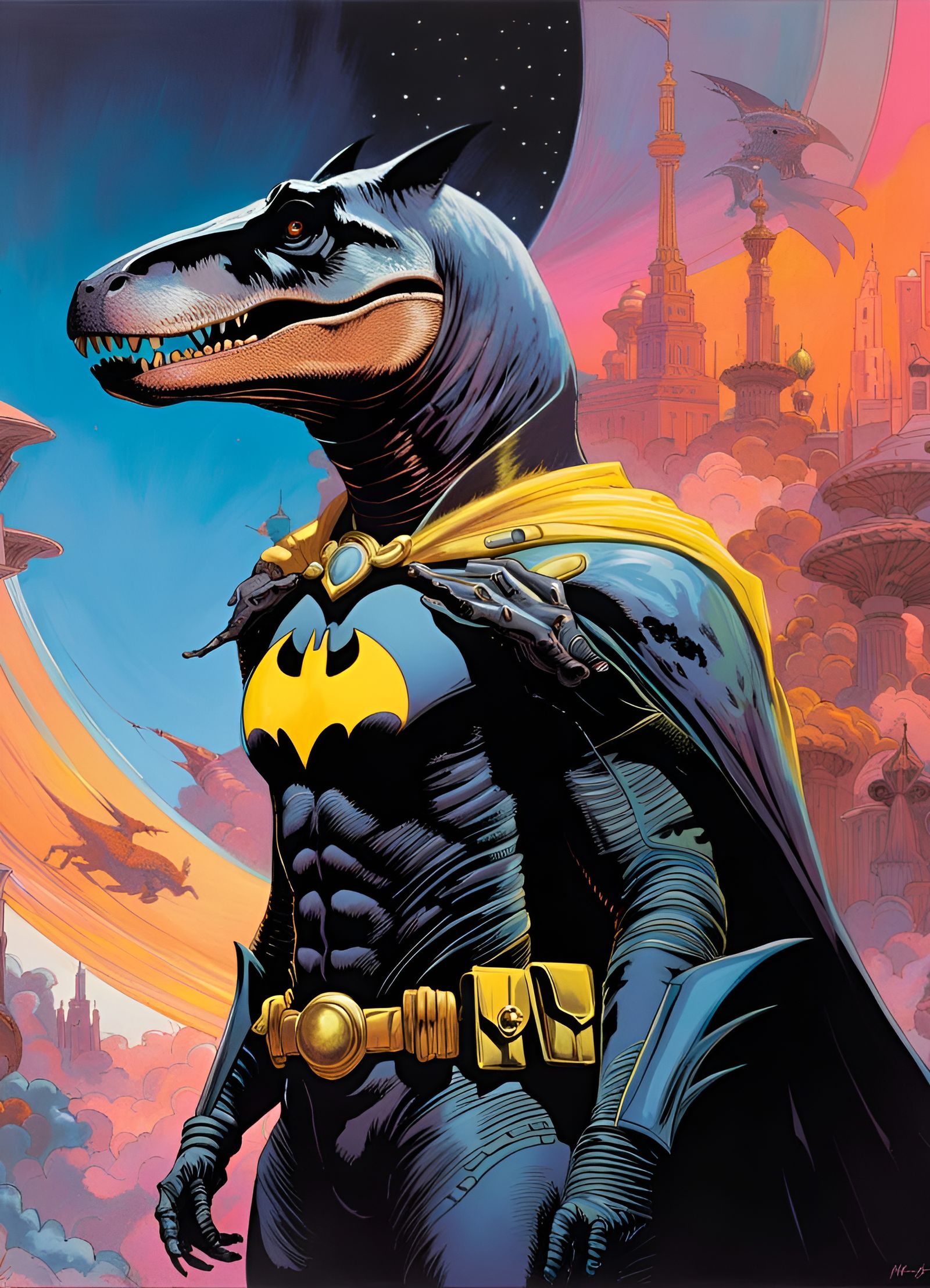 Batman T-Rex in Sci-Fi Synthwave Oil Painting