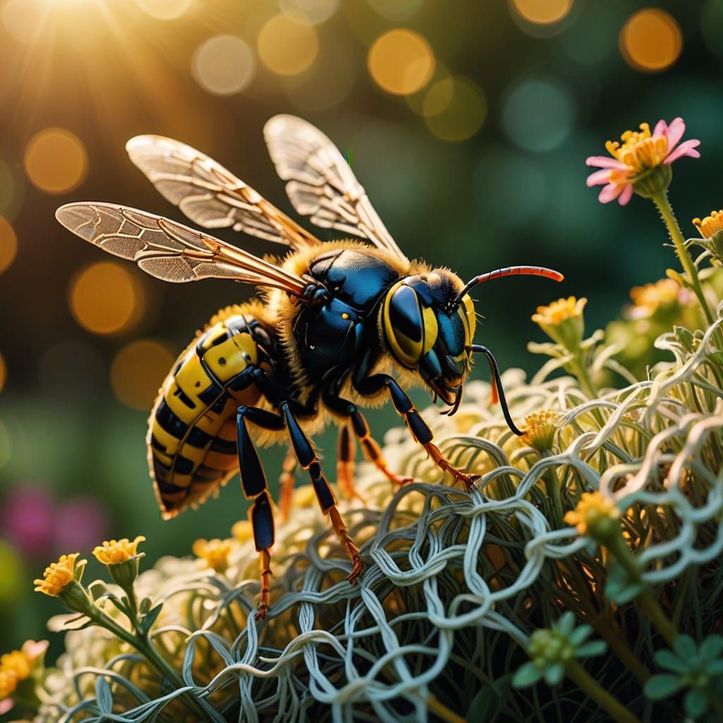 Vibrant Surreal Wasp in Yarn Garden