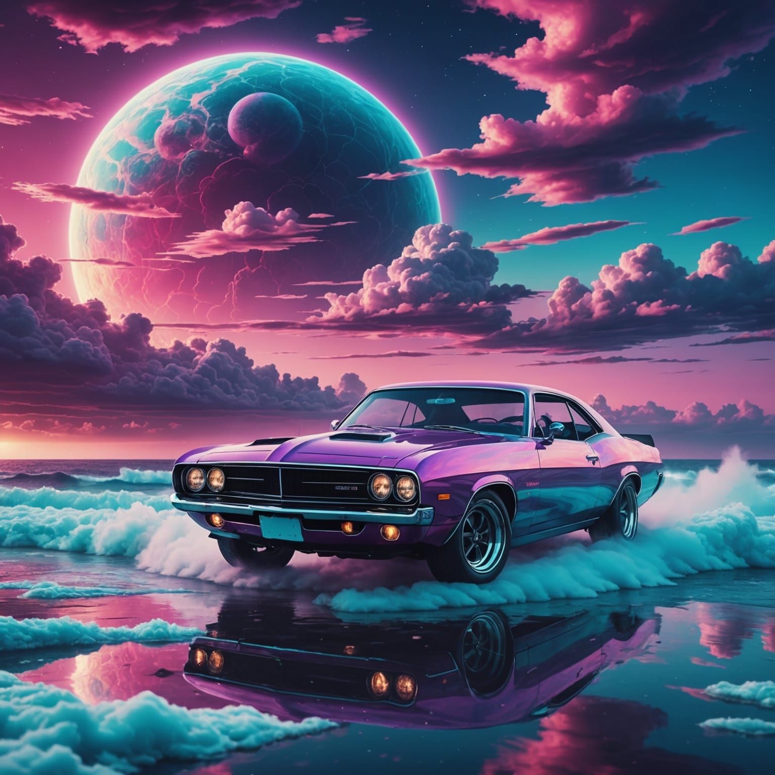 Muscle Car Cruises Celestial Synthwave Sea