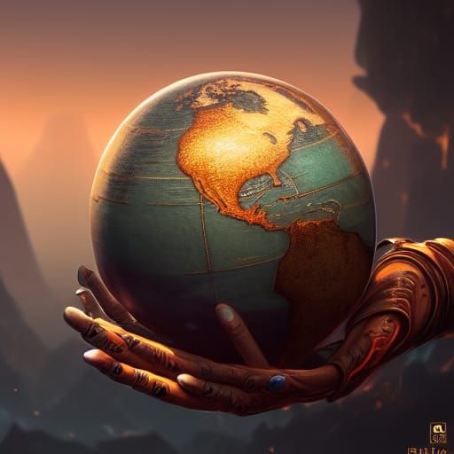 Hand Holding Globe: Detailed Fantasy Concept Art