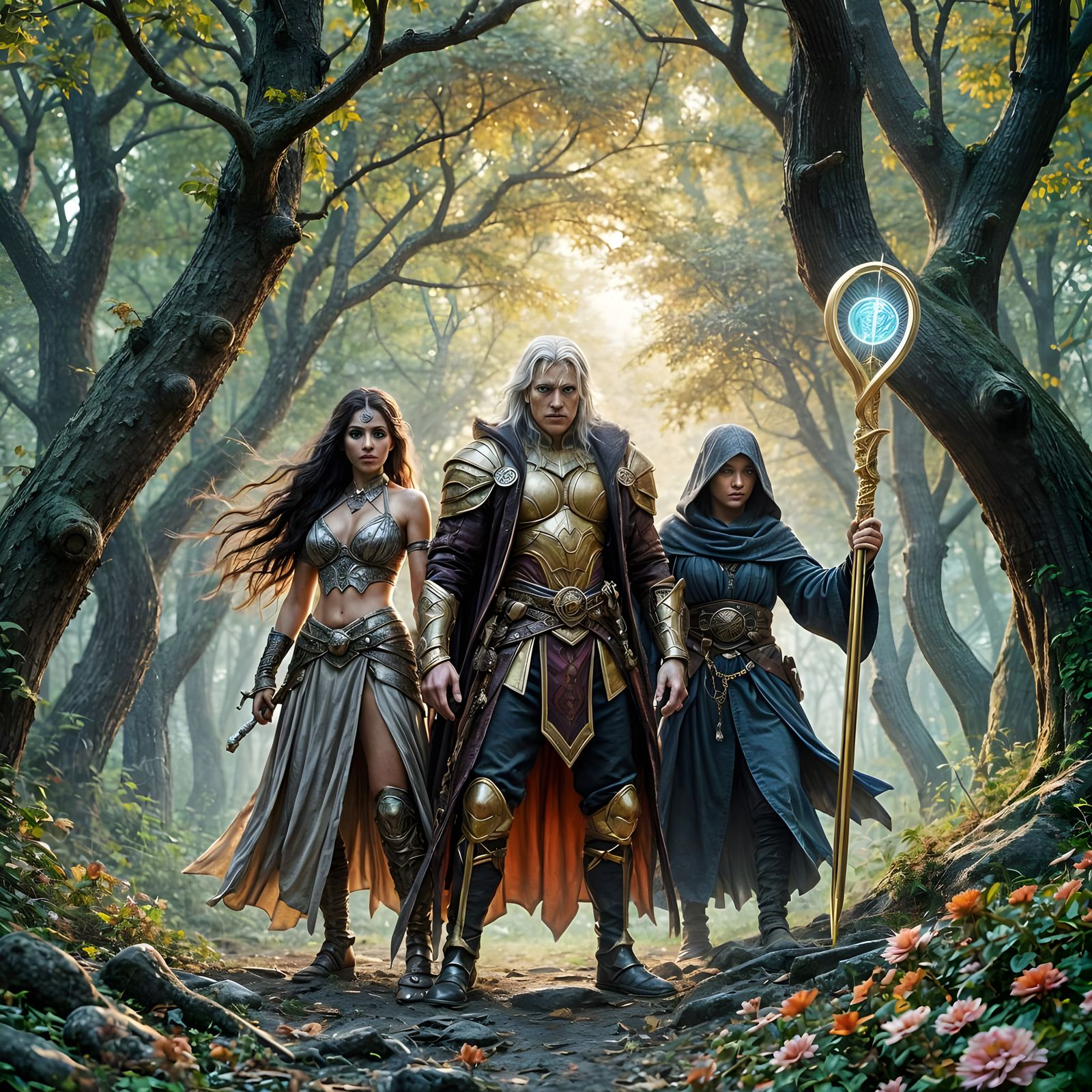 Fantasy Heroes in Mystical Forest Sundown