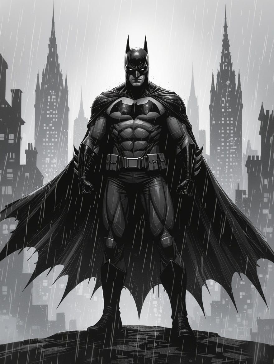 Grimdark Batman Stands Tall in Gotham's Rainy Night