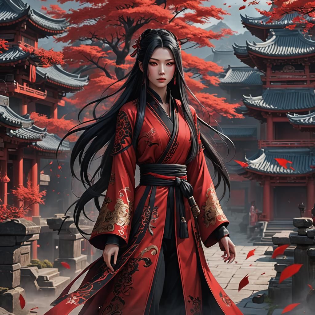 Xianxia girl in red and black. Compound.