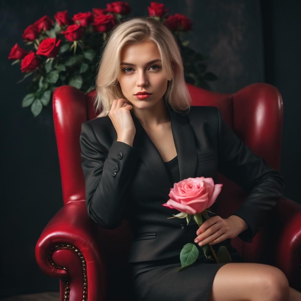 Stylish Blonde Woman in Red Armchair with Roses
