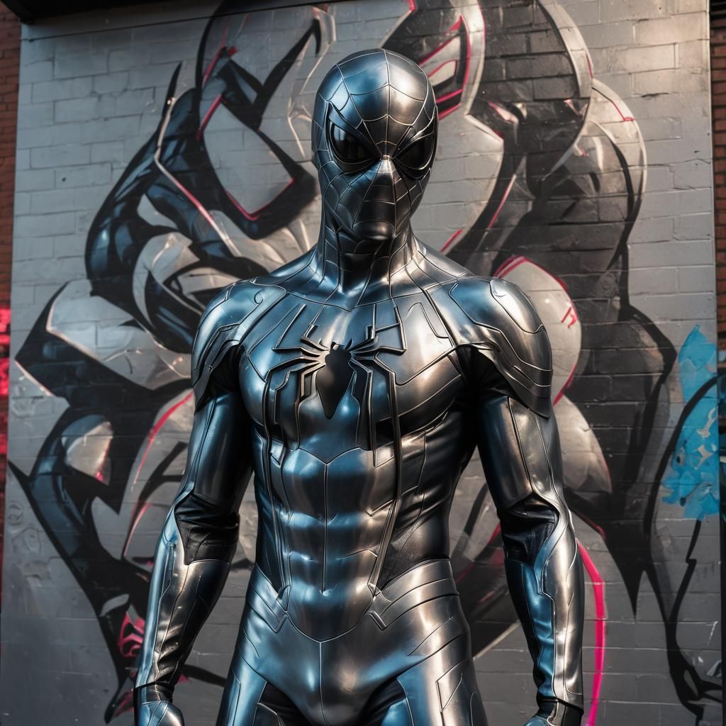 Spiderman in Heavy Metal Suit, Hyperrealistic Urban Art