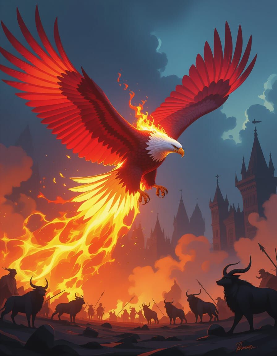 Flaming Eagle Soaring Over Battlefield, Cel-Shaded Style