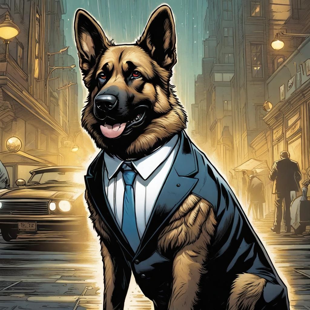 German Shepherd in Tuxedo: Comic Book Art
