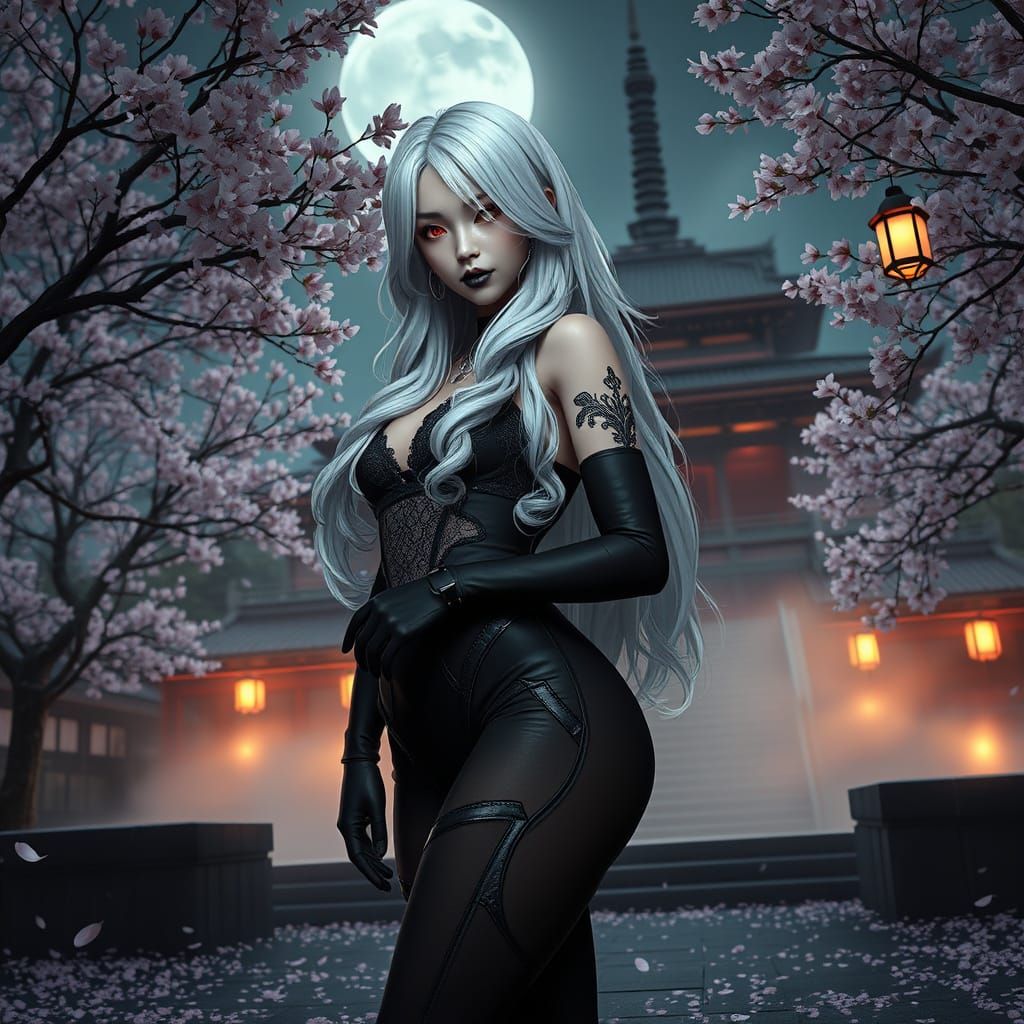 Elegant Gothic Video Game Character with White Hair and Crim...