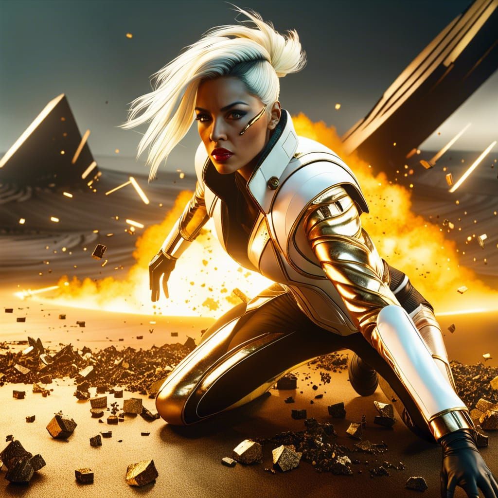 Cyberpunk Villain Crashing to Earth in Digital Art