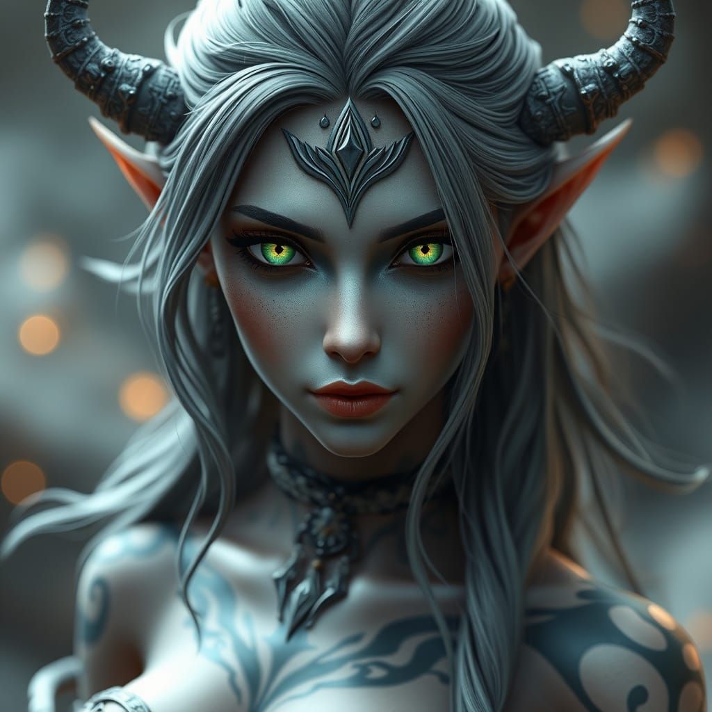 Ancient Elf Lady with Tribal Tattoos and Piercing Green Eyes