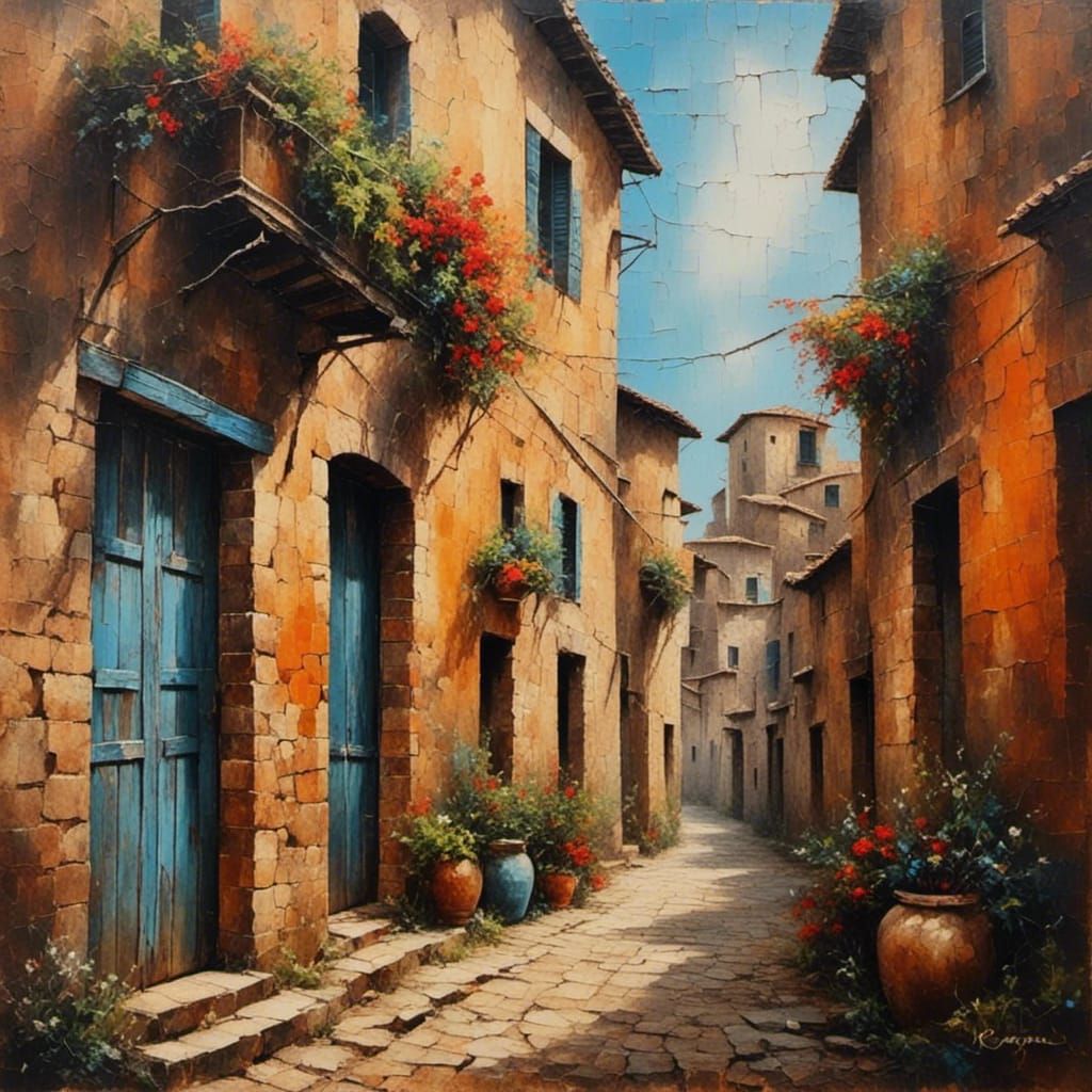 Picturesque Roman Alleyway Oil Painting on Cracked Canvas