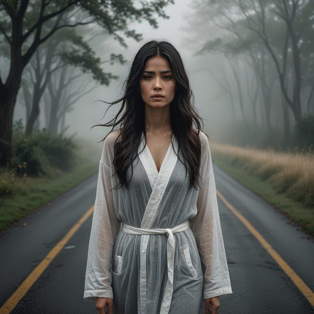 Solemn Woman on Misty Road in Cinematic Digital Art