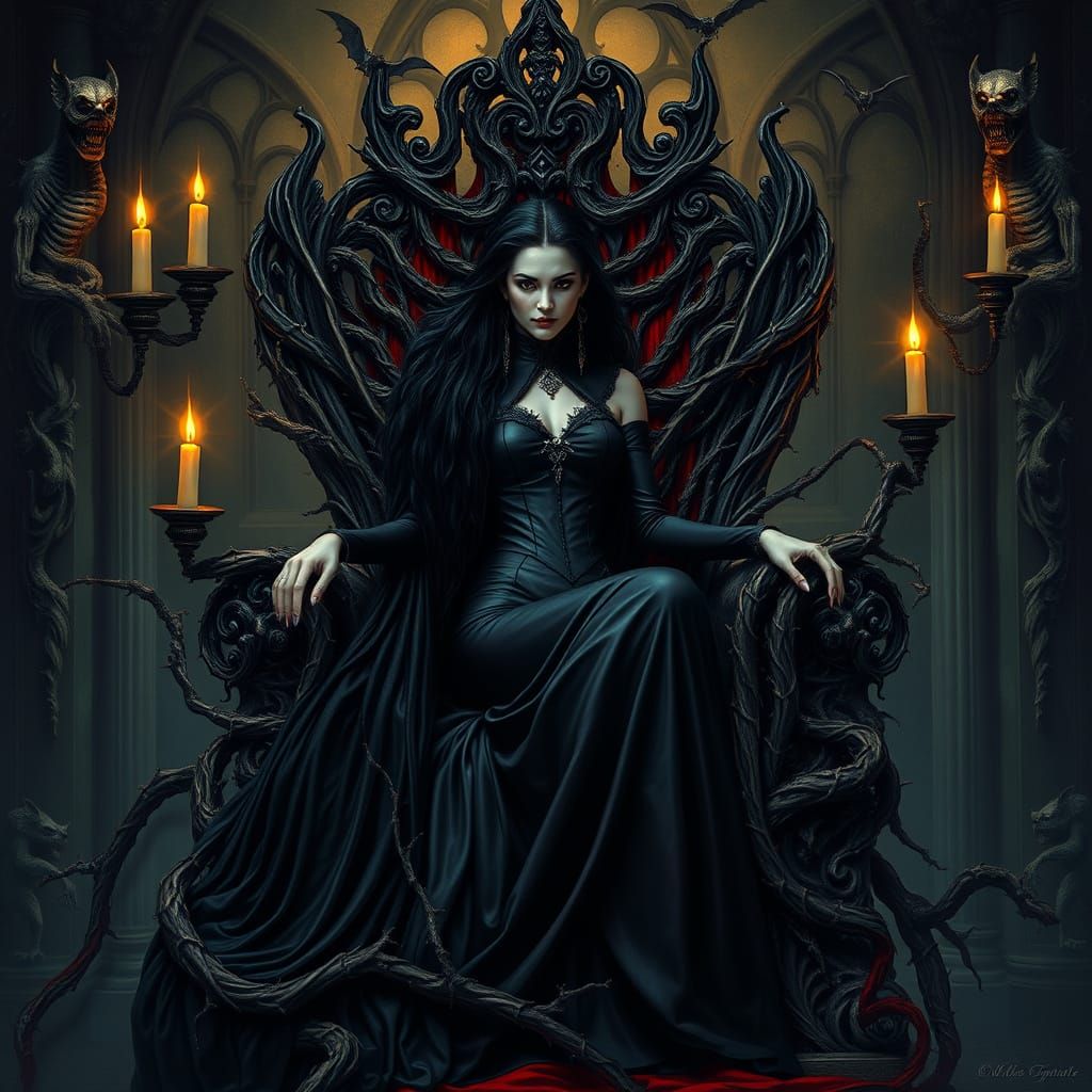 Regal Vampire Queen in Dark Fantasy Gothic Throne Room
