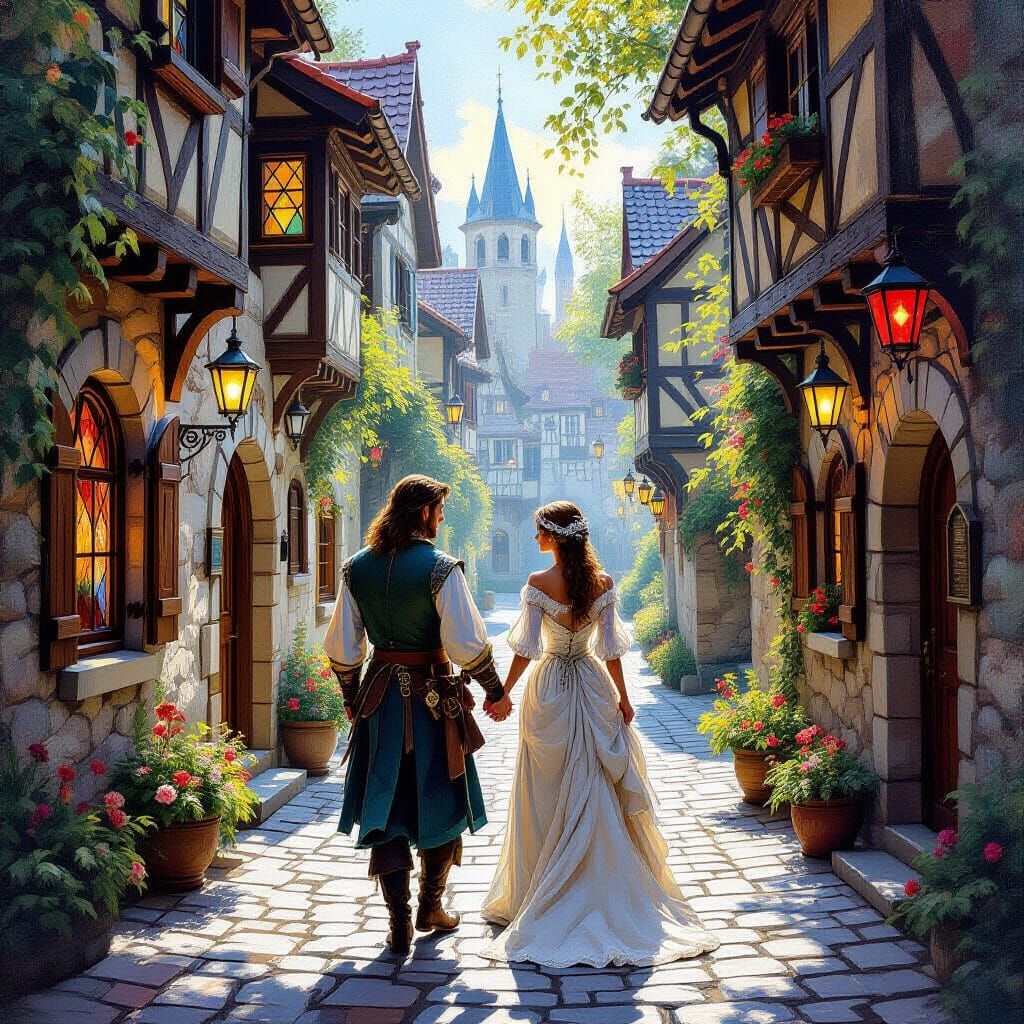 Medieval Couple in Sunlit Forest Alleyway