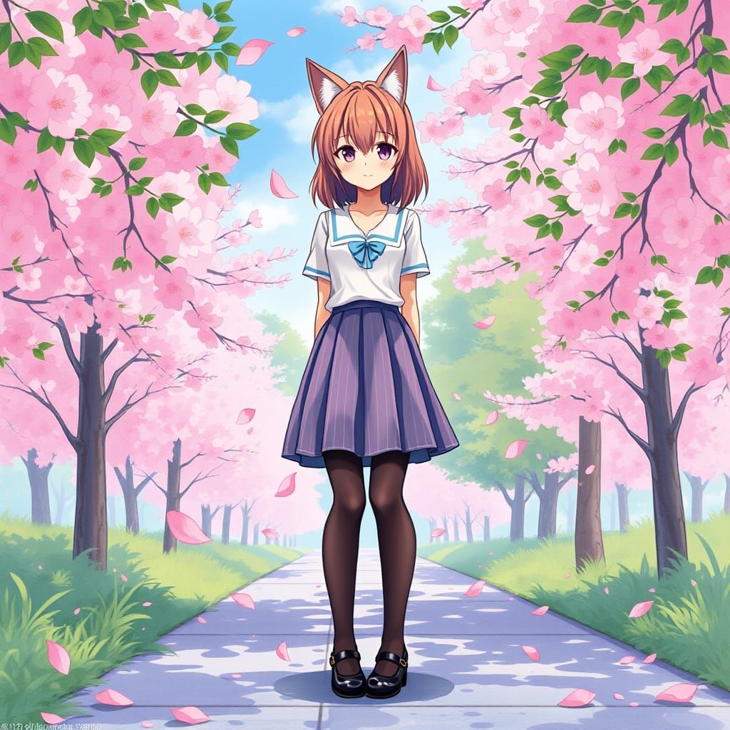 Delicate Anime Neko Girl in Cherry Blossom Park