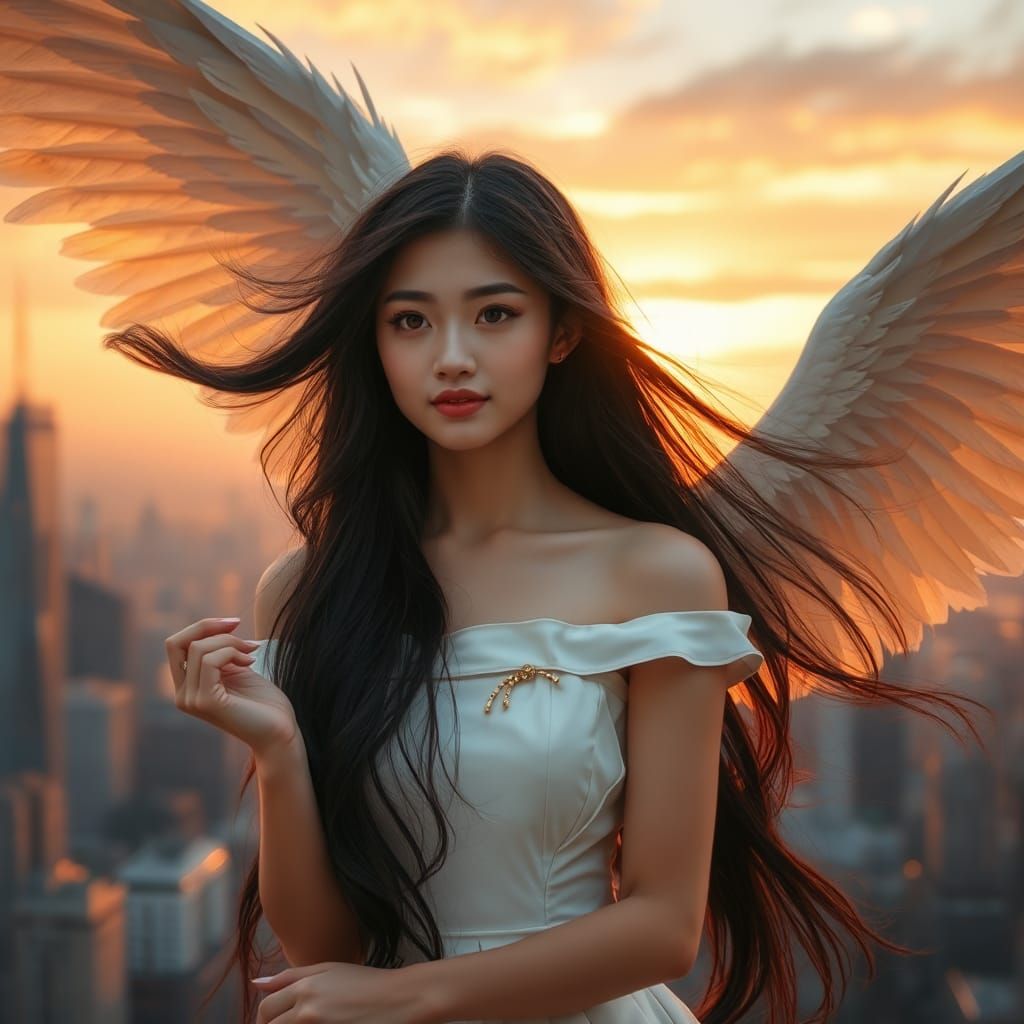 Winged Angelic Figure in Urban Sunset