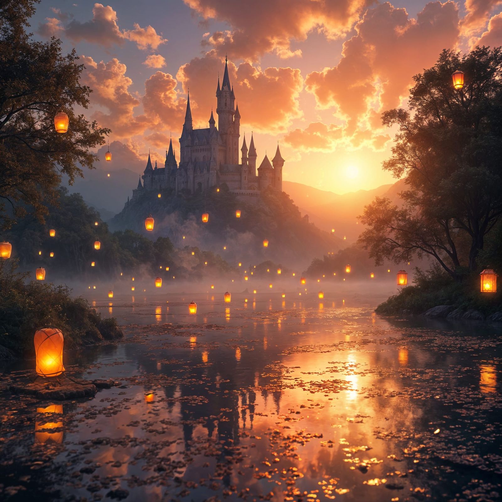 Floating Lanterns over Lake and Castle: Matte Painting