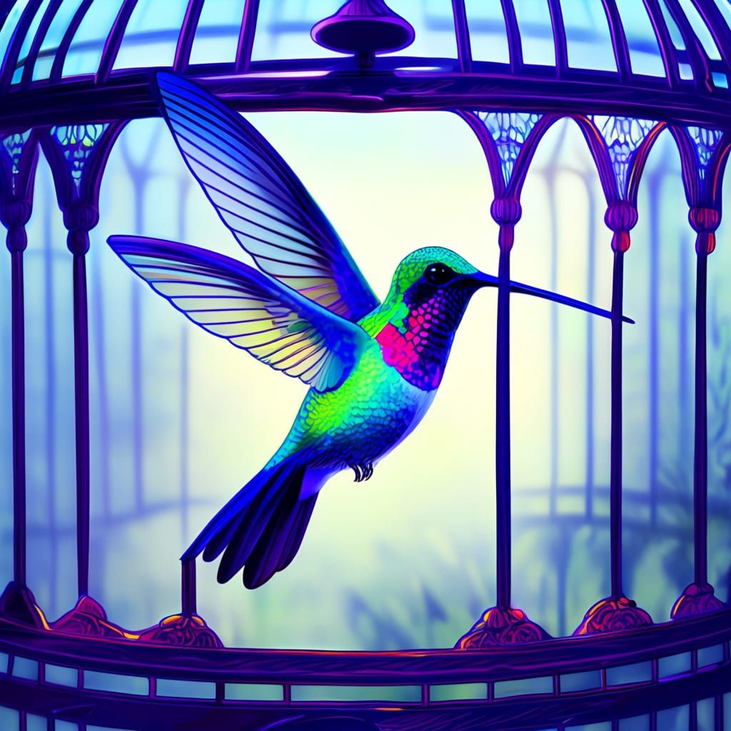 Iridescent Hummingbird in Ornate Antique Birdcage