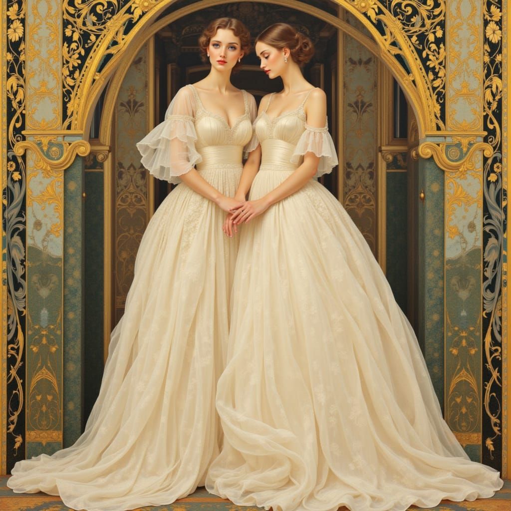 Erte Style Mom and Daughter in Cream Linen