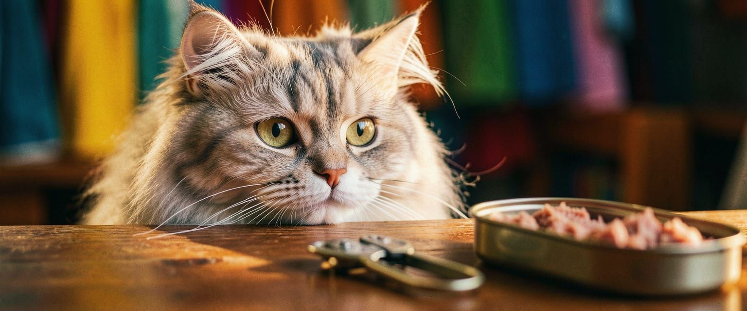 Cute Fluffy Himalayan Cat Gazes at Tuna