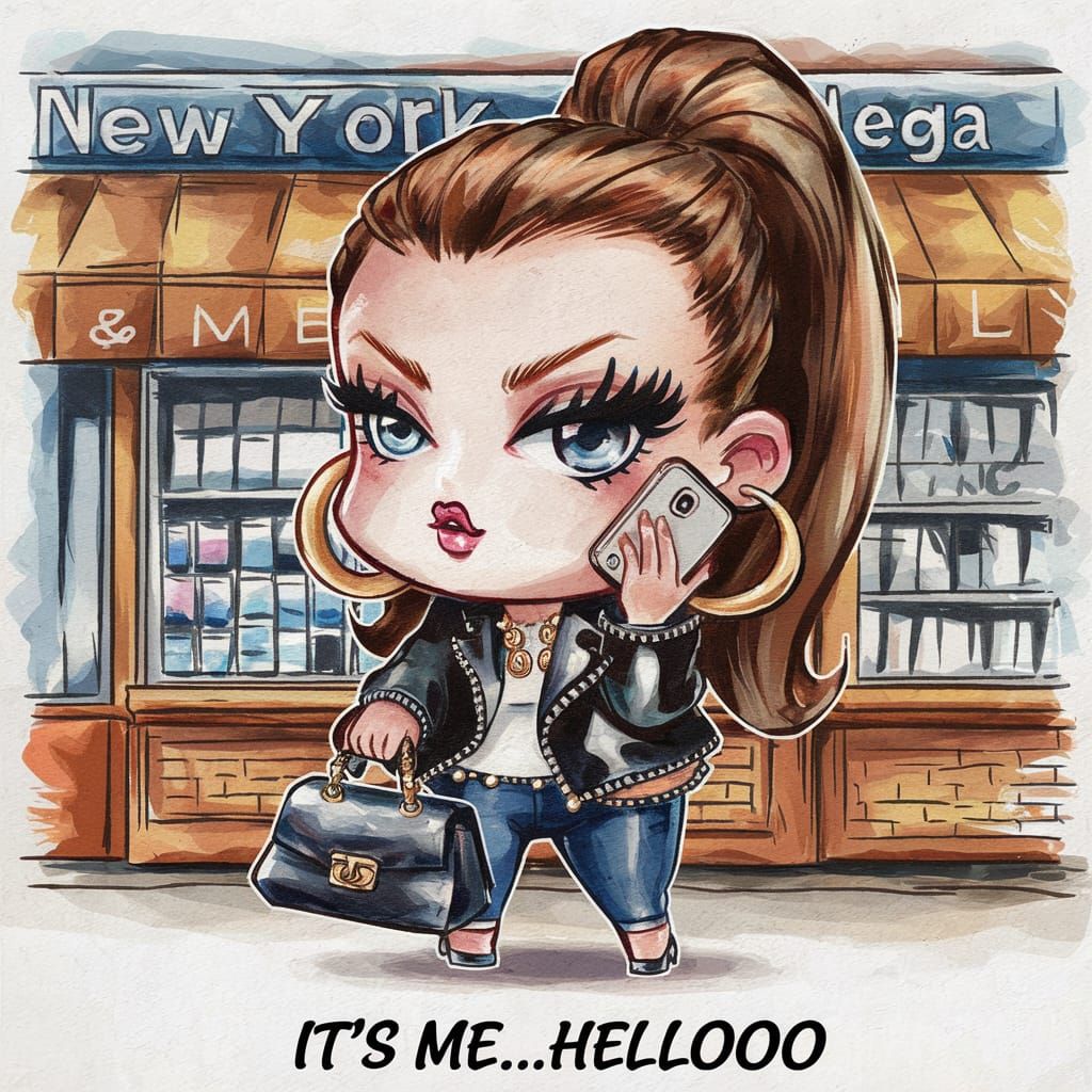 Sassy Chibi Girl in NYC Bodega, Watercolor Style